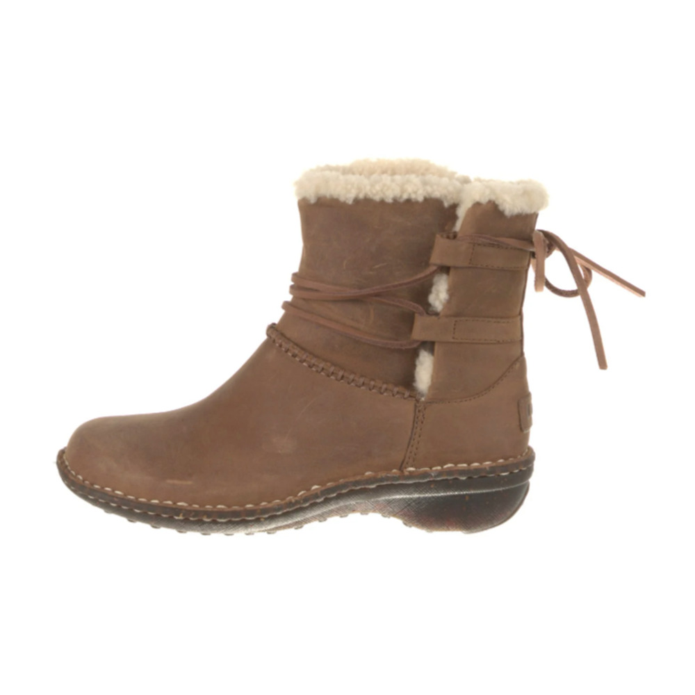 UGG Brown Leather Fur Trim Lace-Up Boots Women's Size: 6